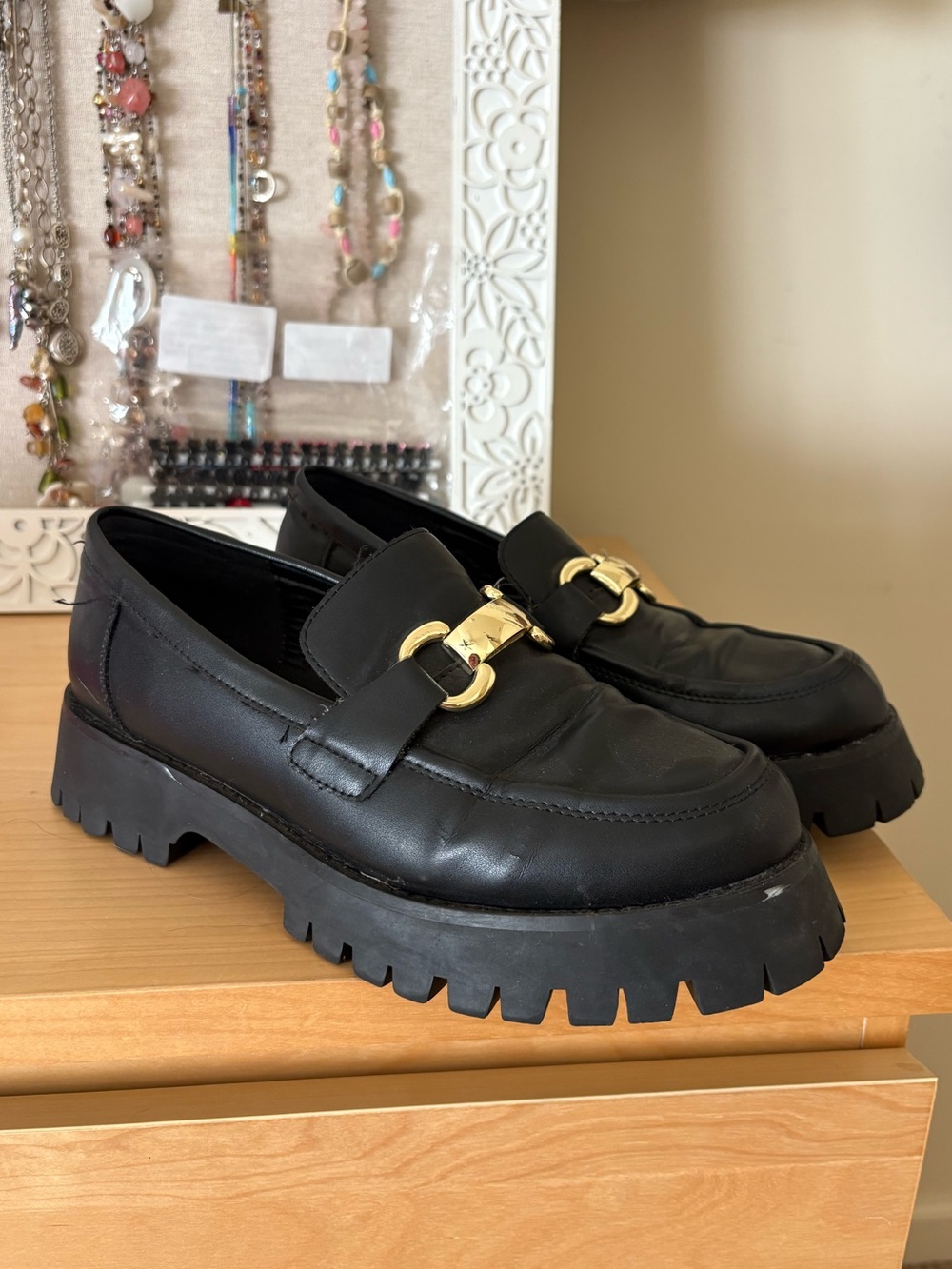 Princess Polly Black Chunky Lug Sole Loafers with Gold Hardware